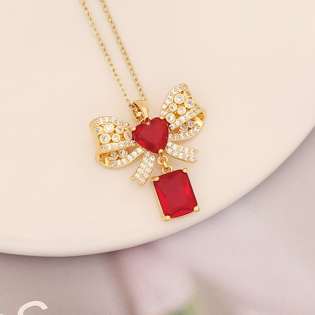 Fashion Water Droplets Heart Shape Bow Knot Copper Inlay Zircon Pendant Necklace 1 Piece