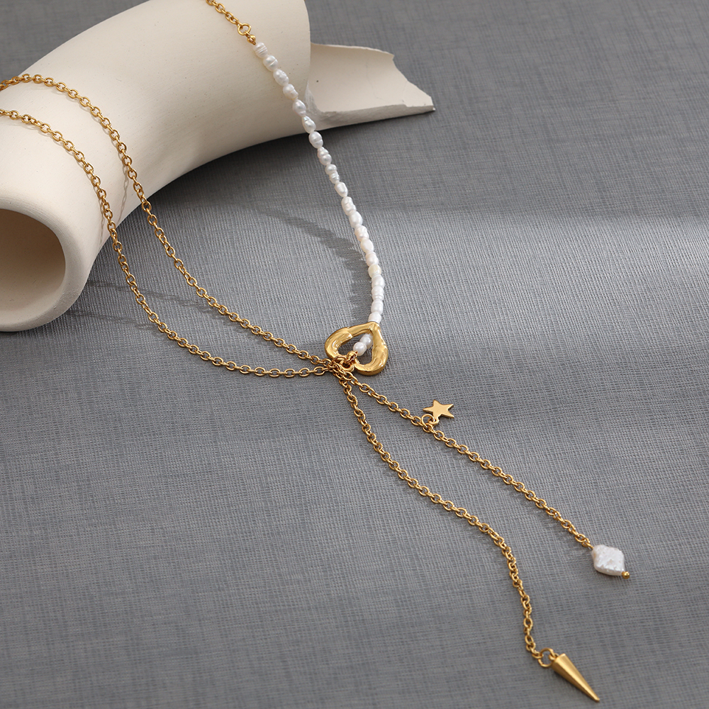 Fashion Star Heart Shape Stainless Steel Pearl Pendant Necklace 1 Piece