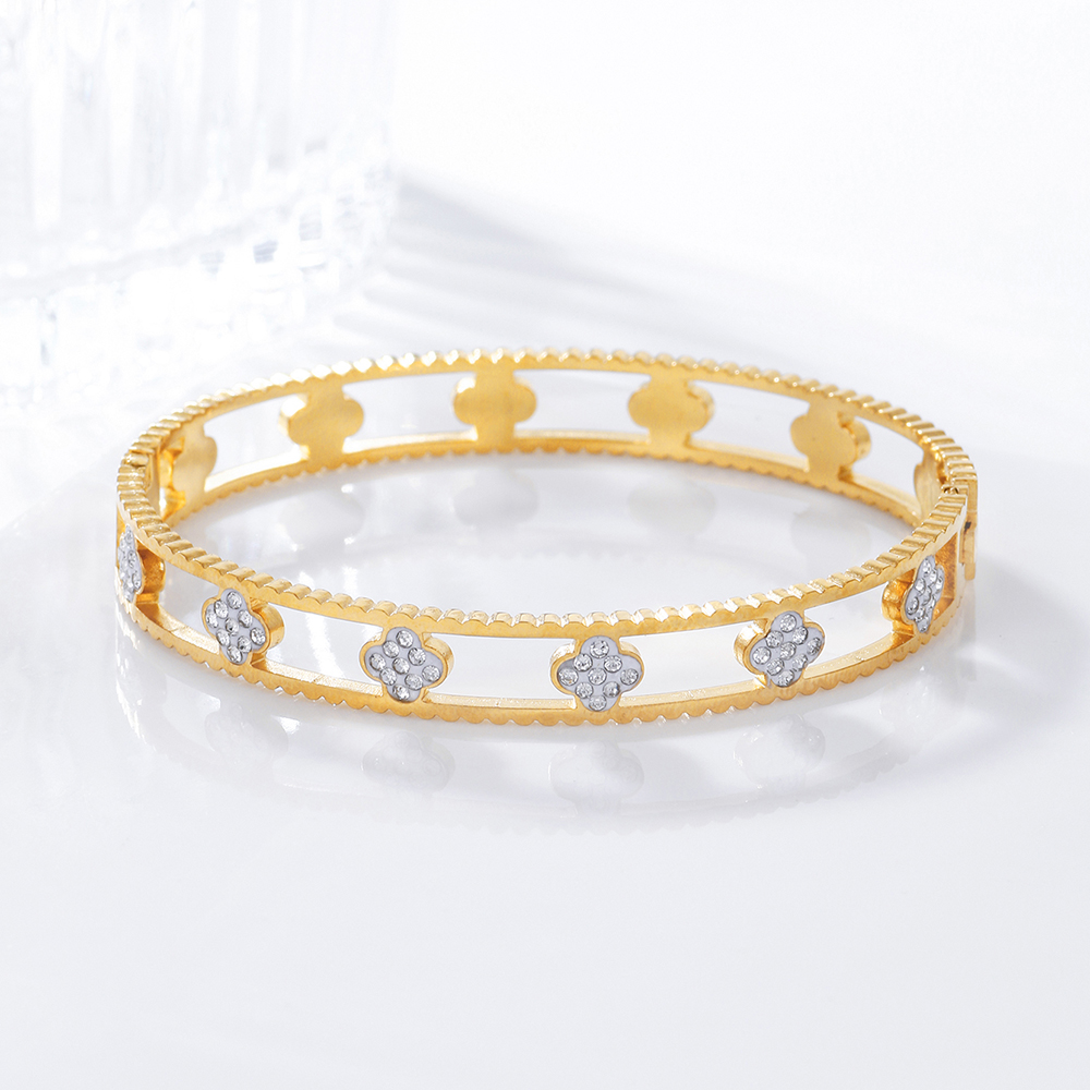 Fashion Four Leaf Clover Alloy Plating Hollow Out Inlay Rhinestones Womenu0027S Bangle 1 Piece