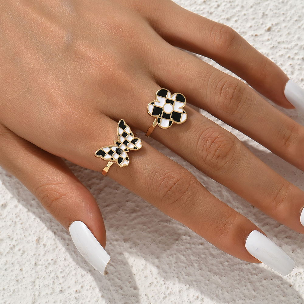 Simple Style Flower Butterfly Checkered Alloy Enamel Womenu0027S Rings 2 Pieces