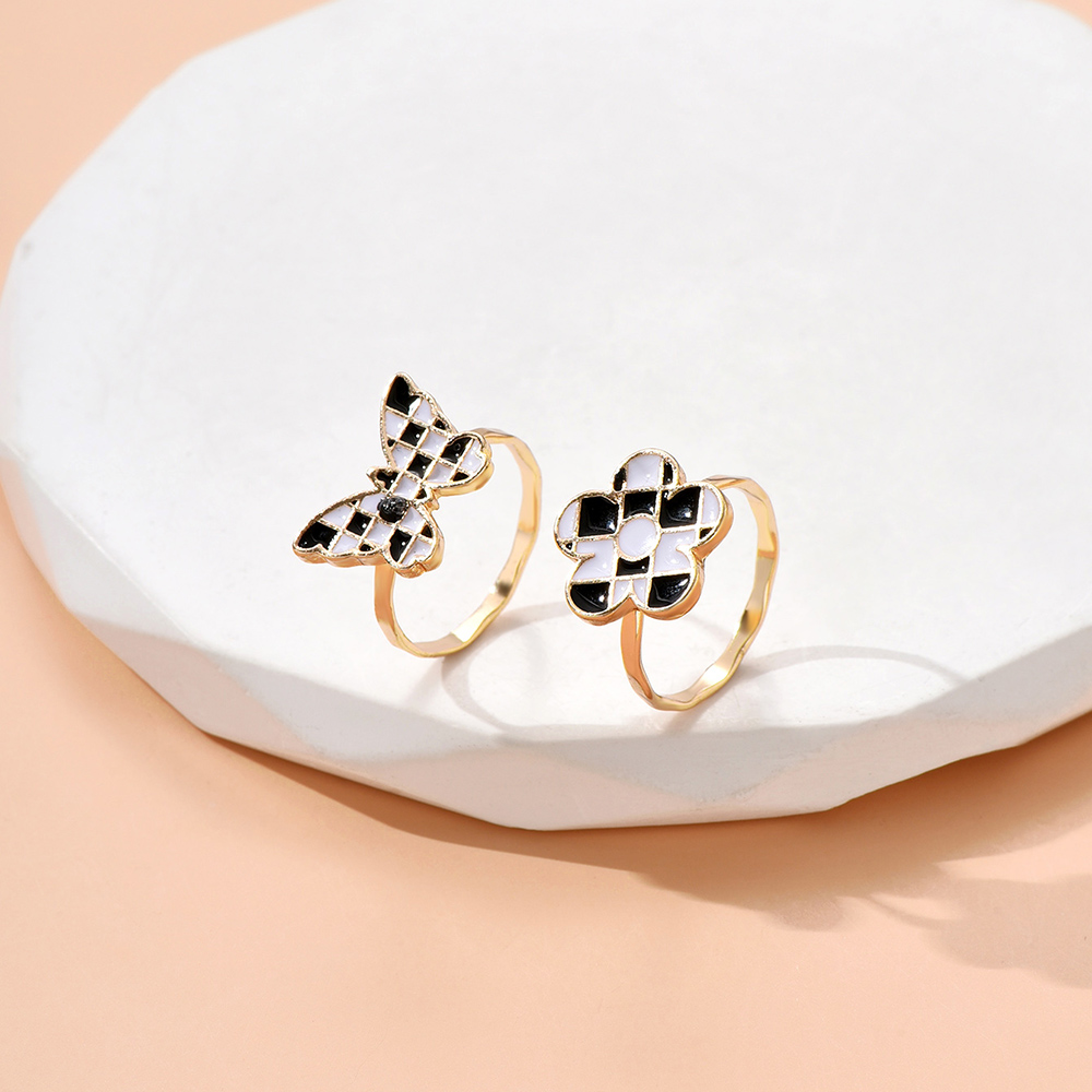 Simple Style Flower Butterfly Checkered Alloy Enamel Womenu0027S Rings 2 Pieces