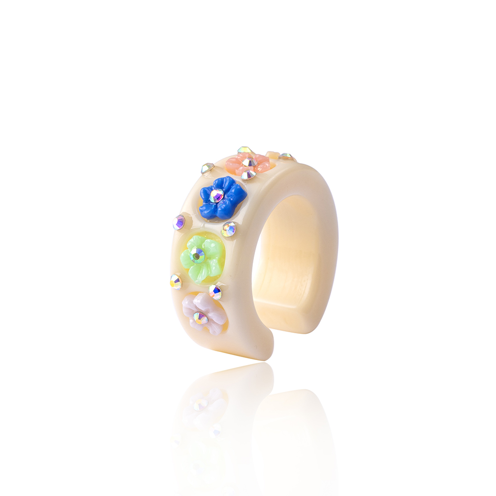 Sweet Flower Arylic Inlay Pearl Zircon Womenu0027S Open Ring 1 Piece