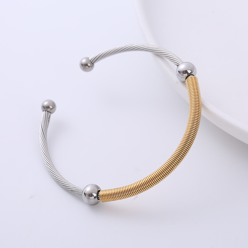Fashion Color Block Stainless Steel Gold Plated Beads Bangle 1 Piece