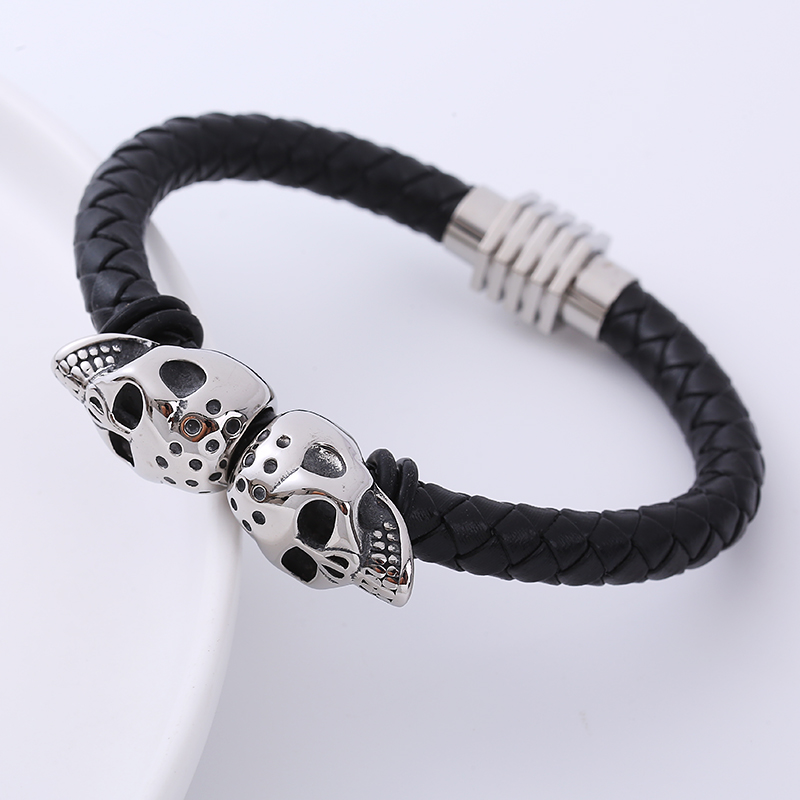 Hip-Hop Skull Stainless Steel Woven Belt PU Bracelets 1 Piece