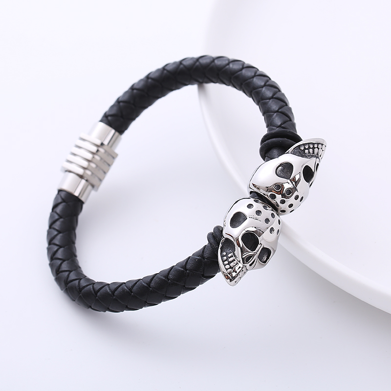 Hip-Hop Skull Stainless Steel Woven Belt PU Bracelets 1 Piece