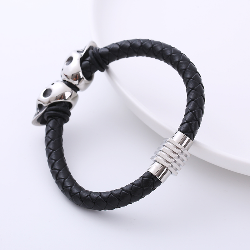 Hip-Hop Skull Stainless Steel Woven Belt PU Bracelets 1 Piece