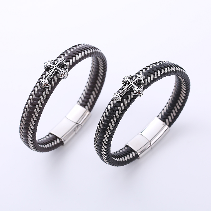 Punk Cross Stainless Steel Braid PU Bracelets 1 Piece