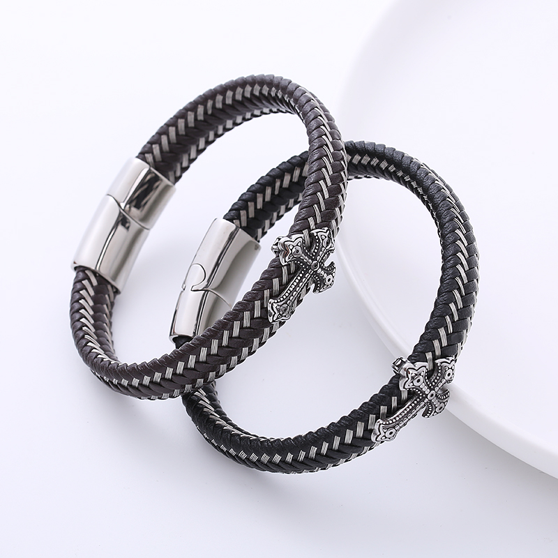 Punk Cross Stainless Steel Braid PU Bracelets 1 Piece
