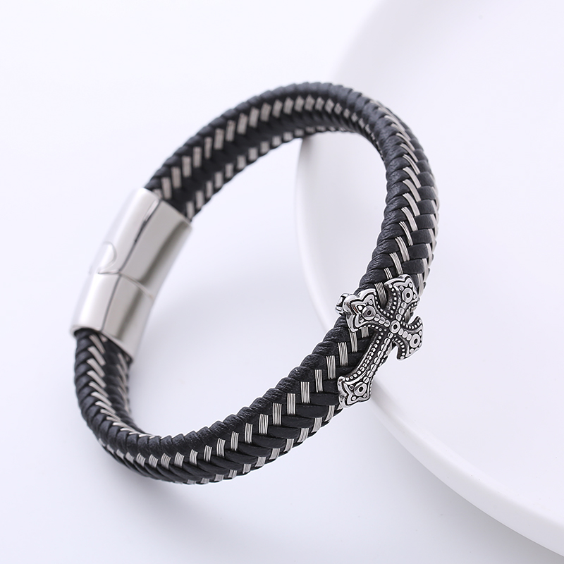 Punk Cross Stainless Steel Braid PU Bracelets 1 Piece