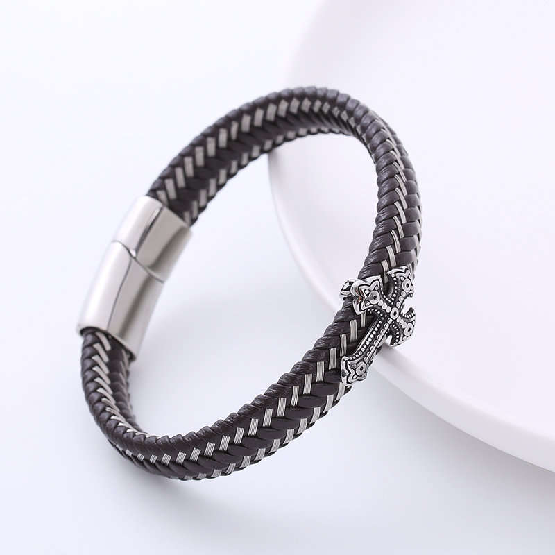 Punk Cross Stainless Steel Braid PU Bracelets 1 Piece