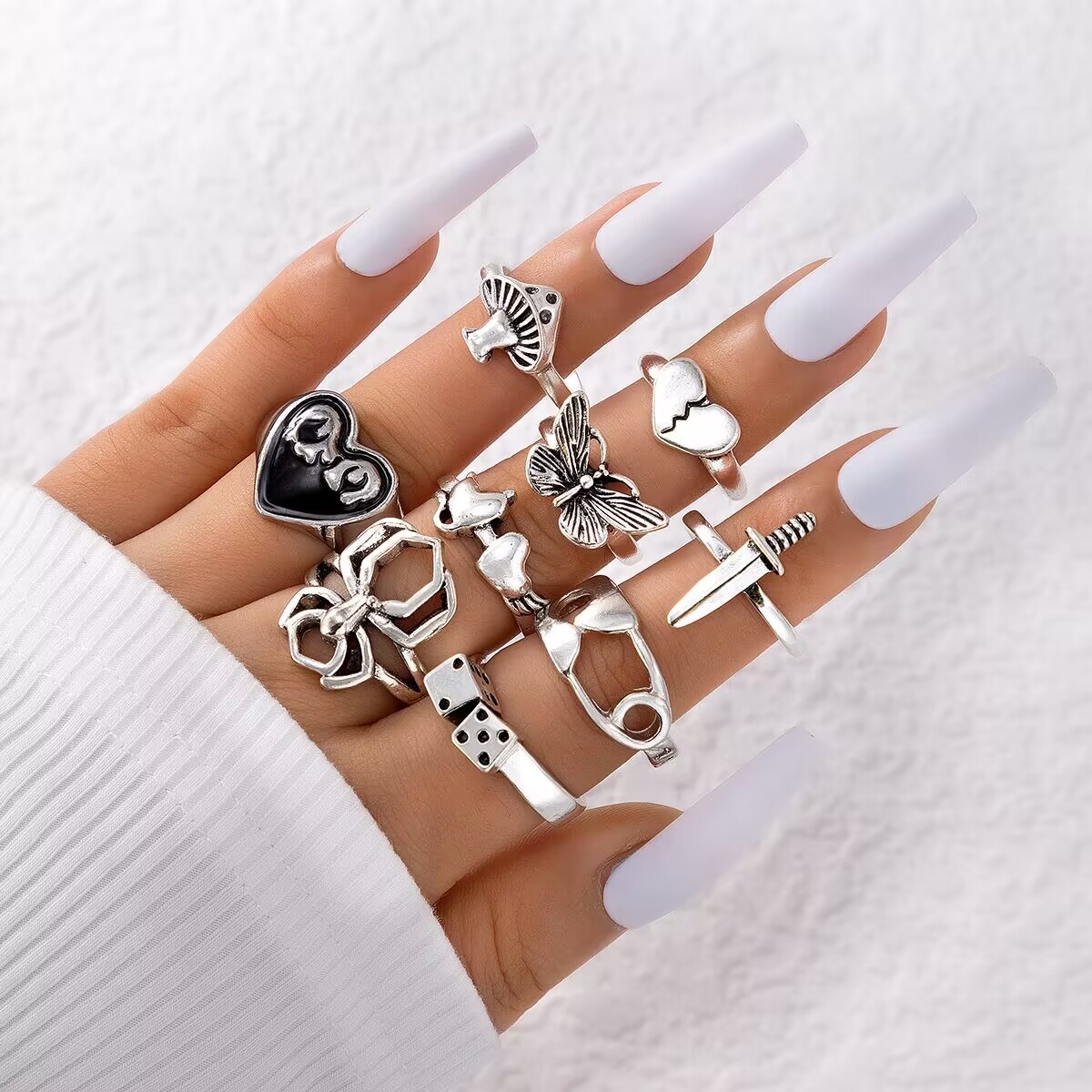 Fashion Heart Shape Mushroom Spider Alloy Carving Unisex Rings 9 Pieces