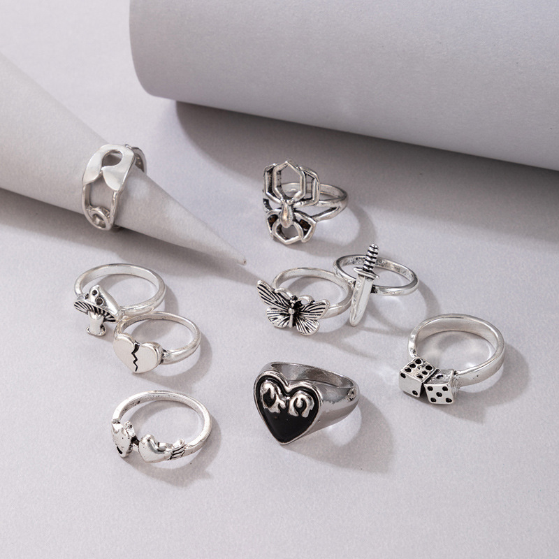 Fashion Heart Shape Mushroom Spider Alloy Carving Unisex Rings 9 Pieces