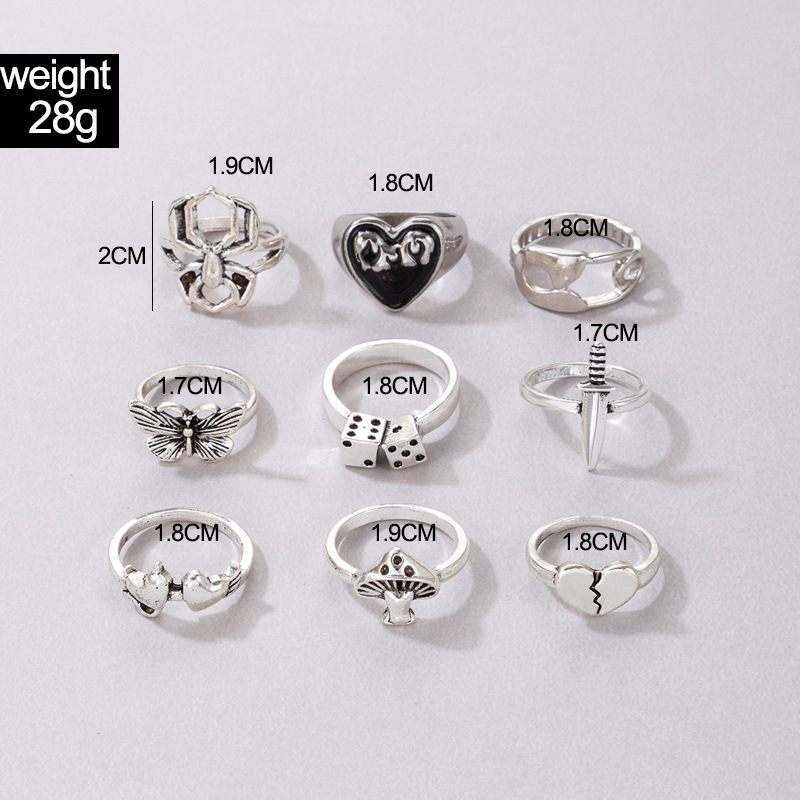 Fashion Heart Shape Mushroom Spider Alloy Carving Unisex Rings 9 Pieces