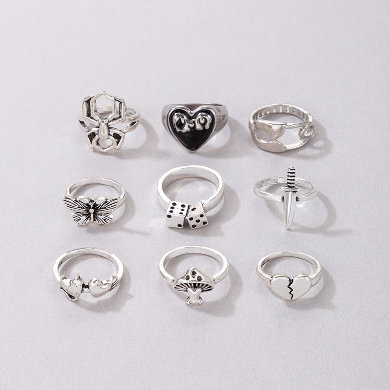 Fashion Heart Shape Mushroom Spider Alloy Carving Unisex Rings 9 Pieces