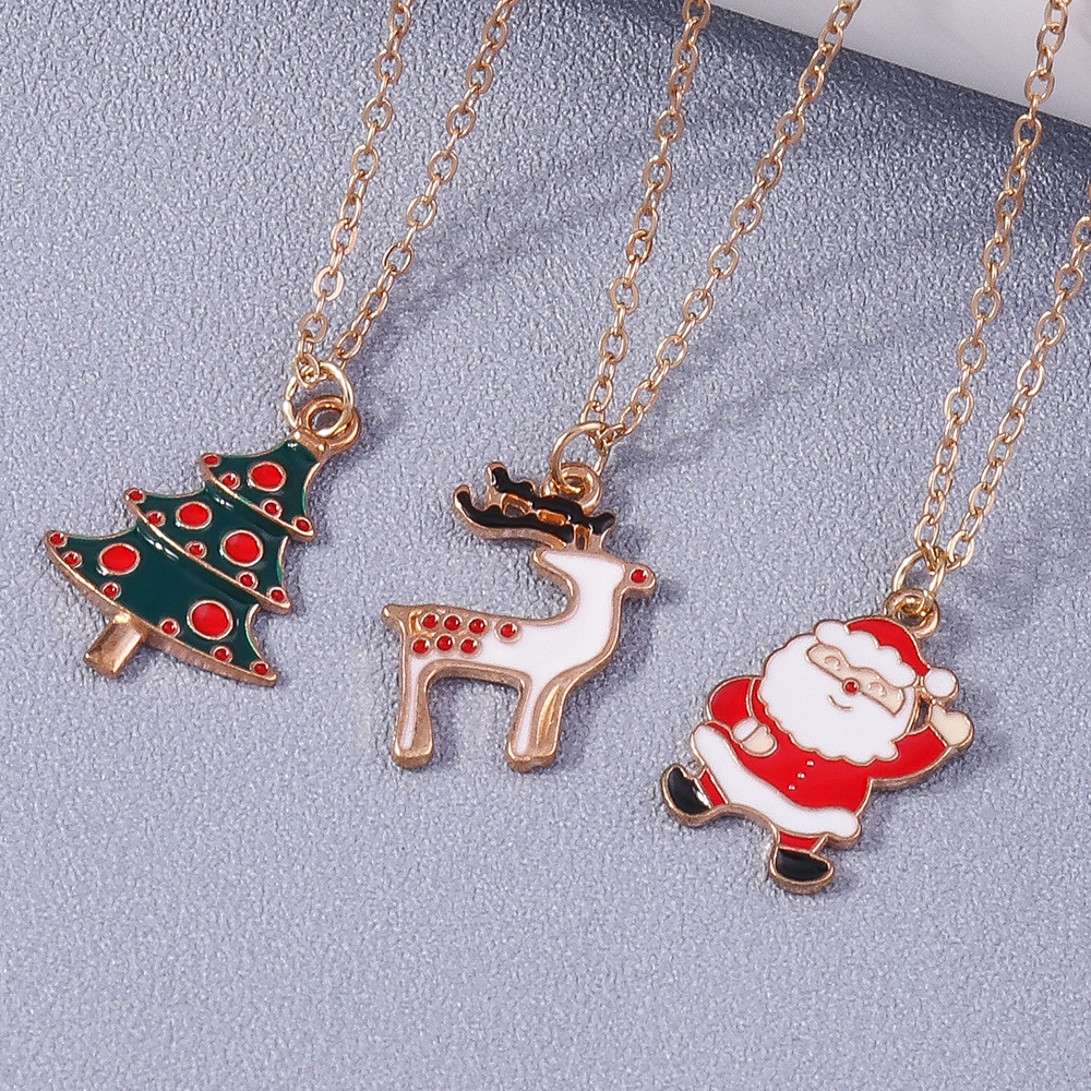 Cute Christmas Tree Santa Claus Elk Alloy Enamel Womenu0027S Pendant Necklace 3 Pieces