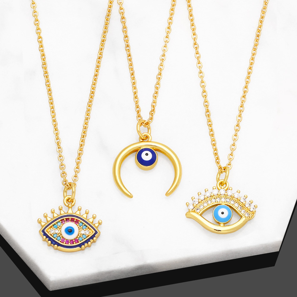 Retro Devilu0027S Eye Moon Copper Gold Plated Zircon Pendant Necklace 1 Piece