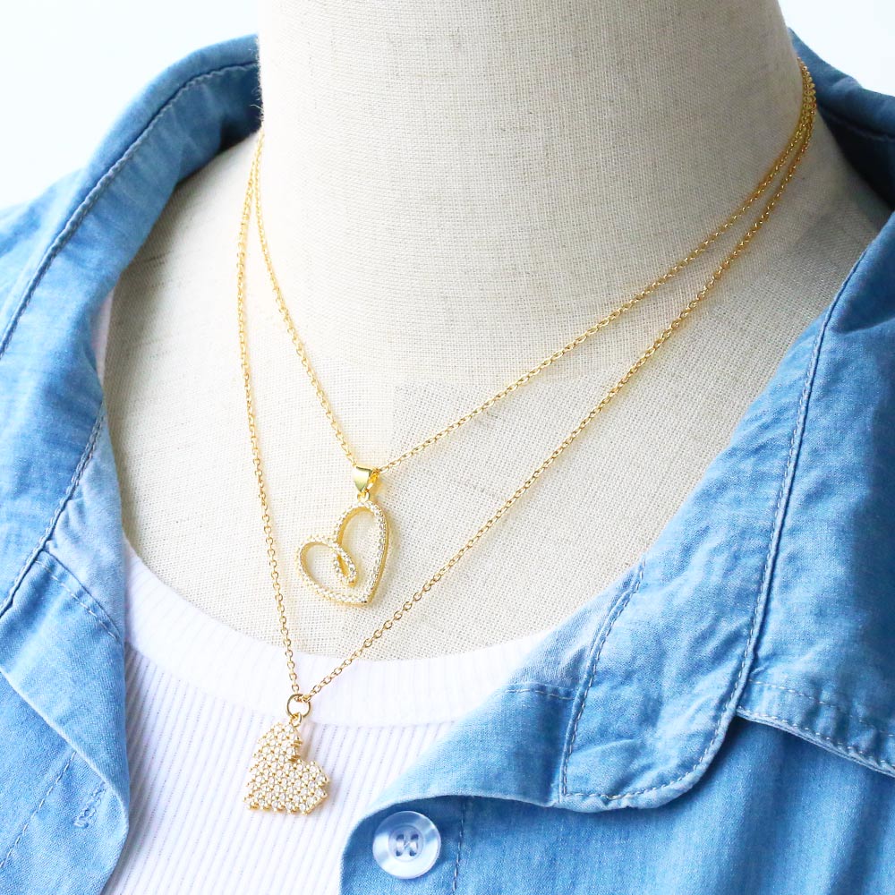 Fashion Heart Shape Copper Gold Plated Hollow Out Zircon Pendant Necklace 1 Piece
