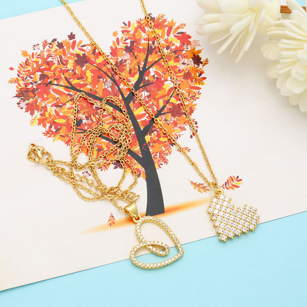 Fashion Heart Shape Copper Gold Plated Hollow Out Zircon Pendant Necklace 1 Piece