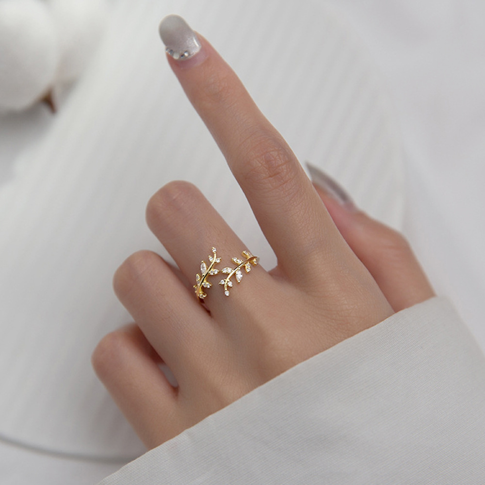 Elegant Leaf Copper Plating Artificial Diamond Open Ring 1 Piece