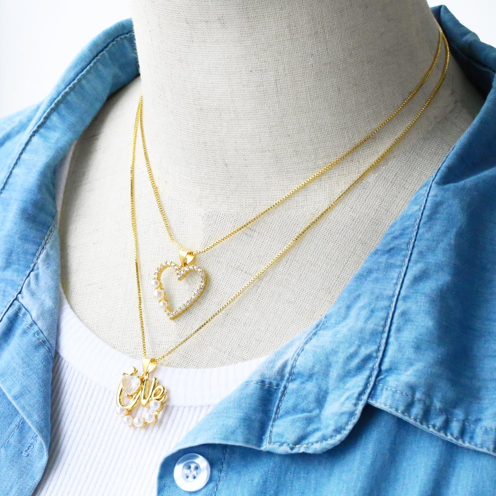 Fashion Love Letter Heart Shape Copper Gold Plated Pearl Zircon Pendant Necklace 1 Piece