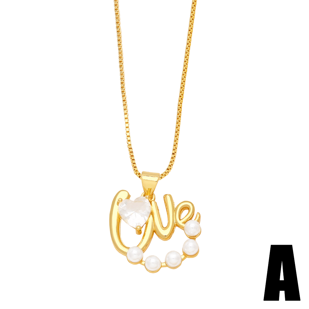 Fashion Love Letter Heart Shape Copper Gold Plated Pearl Zircon Pendant Necklace 1 Piece