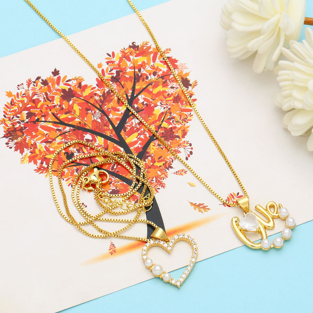 Fashion Love Letter Heart Shape Copper Gold Plated Pearl Zircon Pendant Necklace 1 Piece