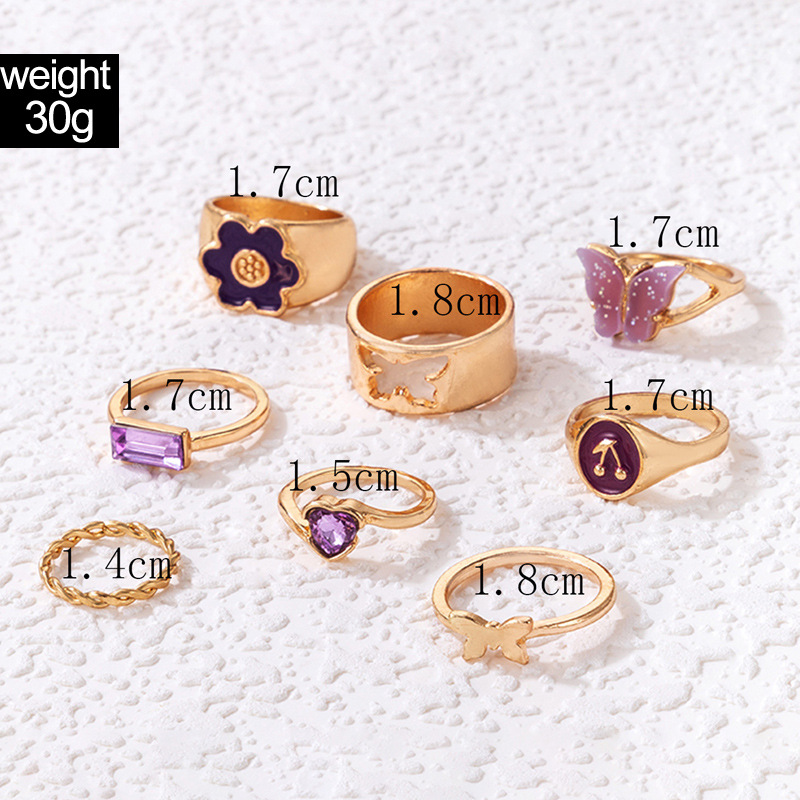 7 Pieces Fashion Butterfly Alloy Inlay Rhinestones Unisex Rings