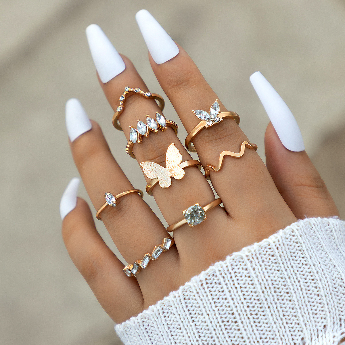 7 Pieces Fashion Butterfly Alloy Inlay Rhinestones Unisex Rings