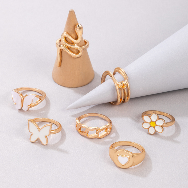 7 Pieces Fashion Butterfly Alloy Inlay Rhinestones Unisex Rings