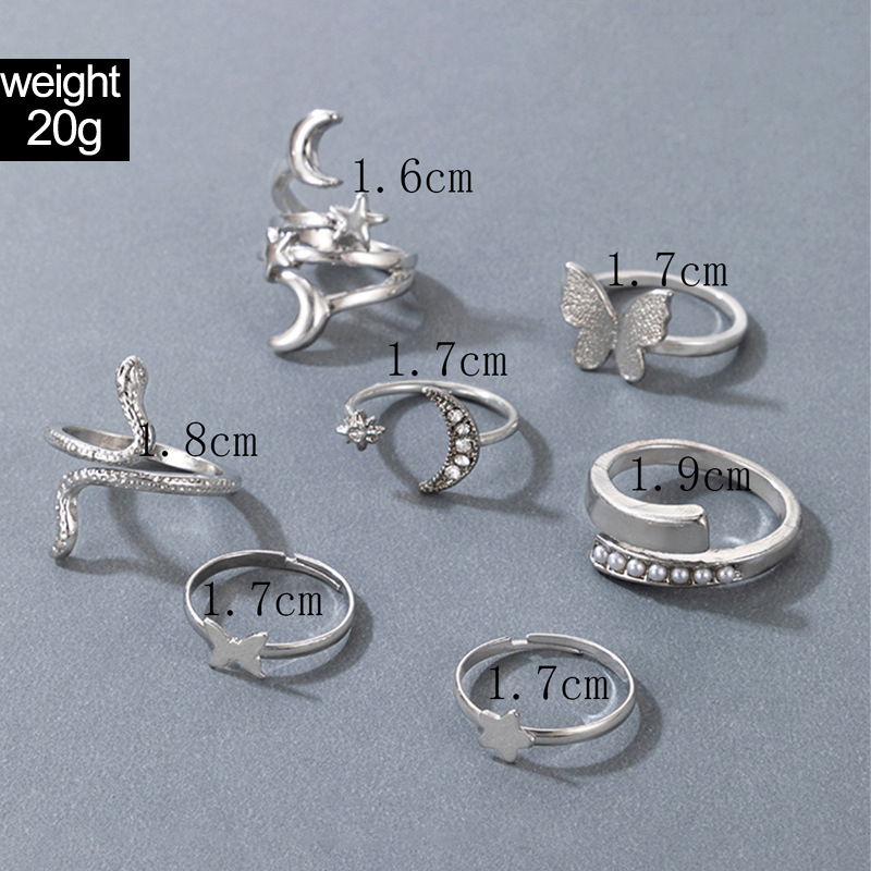 7 Pieces Fashion Butterfly Alloy Inlay Rhinestones Unisex Rings