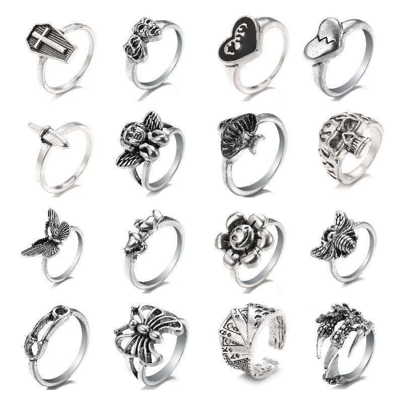 Hip-Hop Cross Heart Shape Butterfly Alloy Carving Unisex Rings 1 Piece