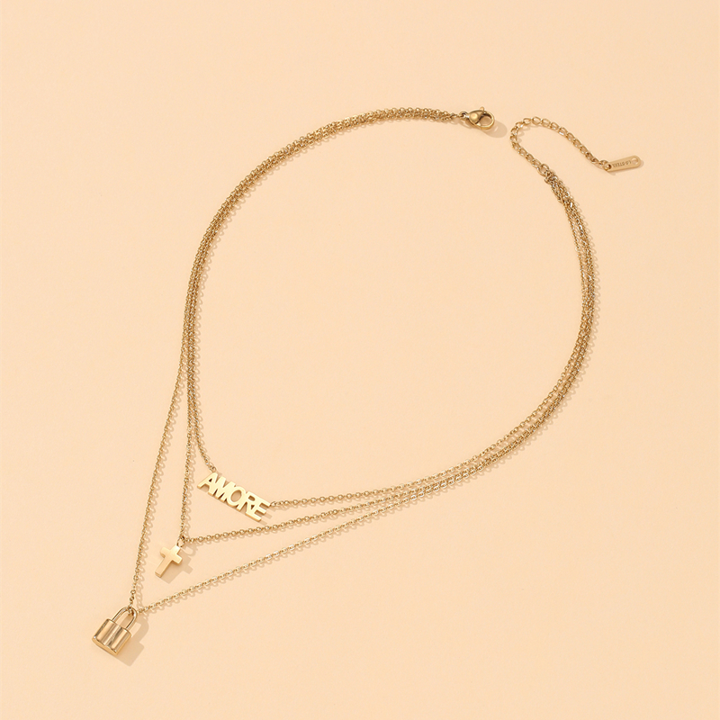 Simple Style Cross Letter Lock Titanium Steel Layered Necklace 1 Piece
