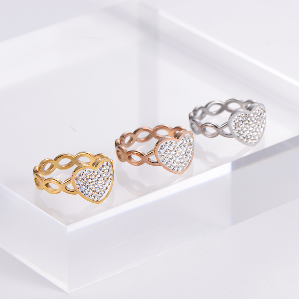 Fashion Heart Shape Stainless Steel Rhinestones Rings 1 Piece