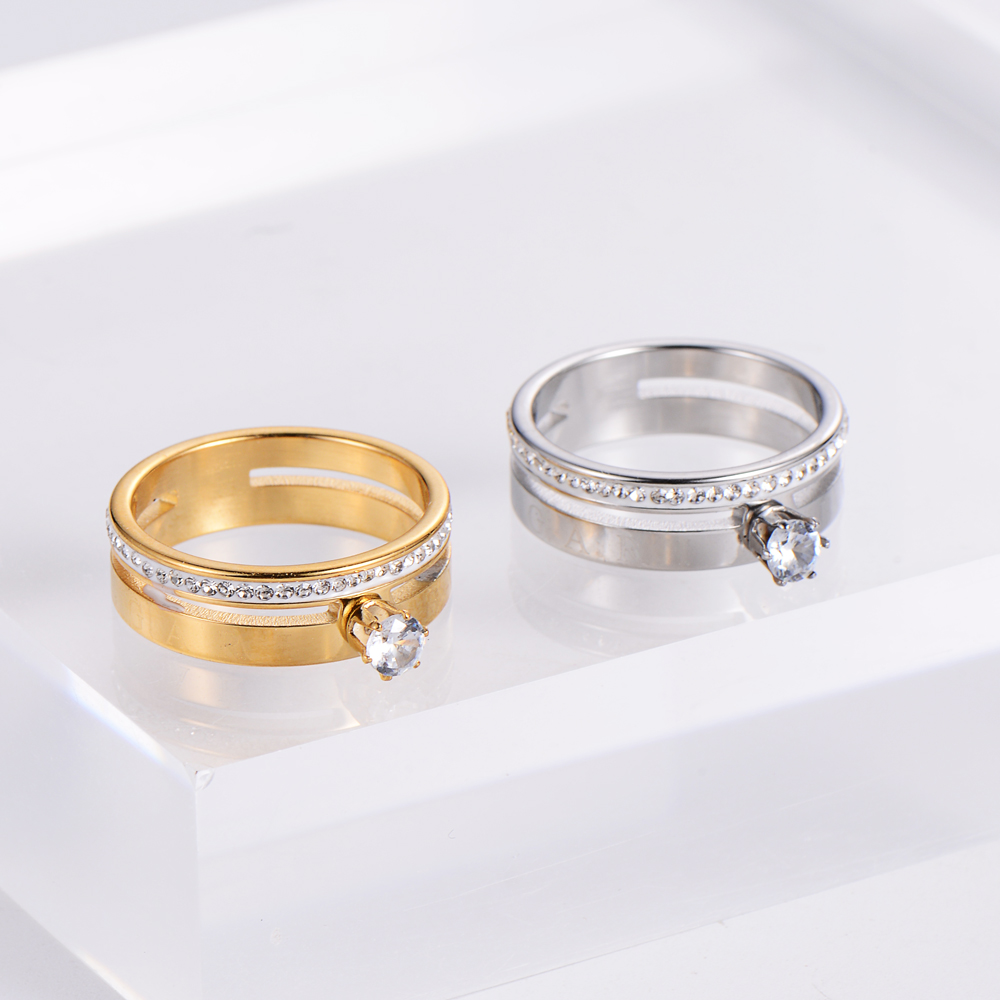 Luxurious Geometric Stainless Steel 2 In 1 Rhinestones Rings 1 Piece
