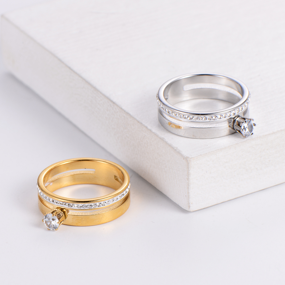 Luxurious Geometric Stainless Steel 2 In 1 Rhinestones Rings 1 Piece