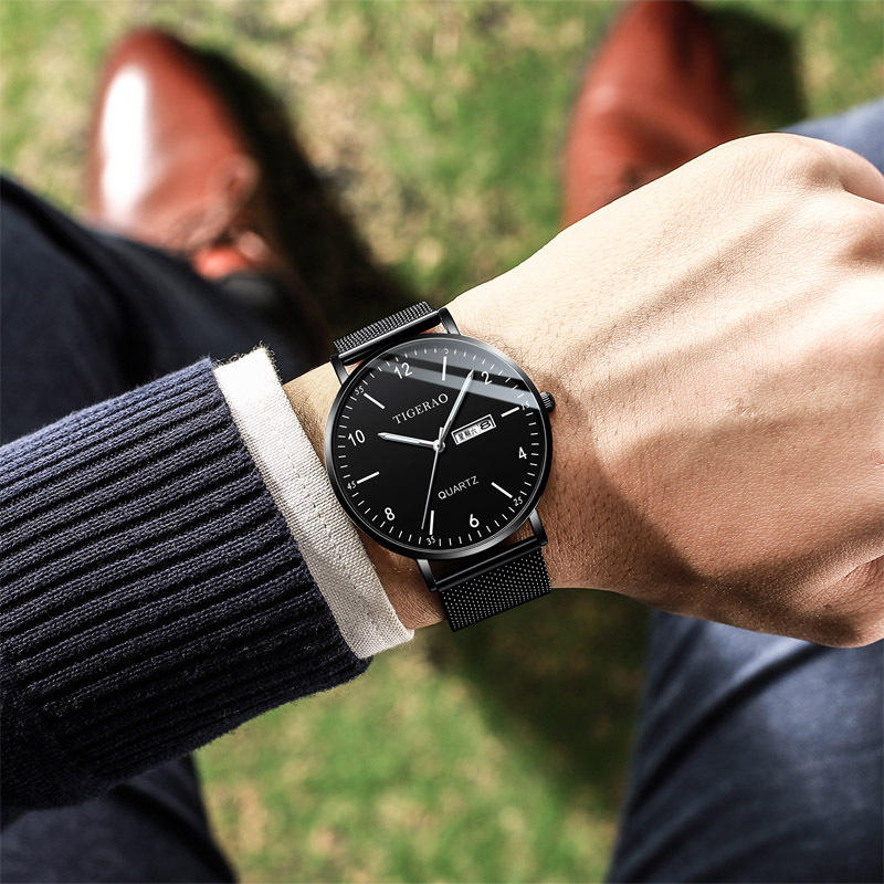 Business Solid Color Single Folding Buckle Quartz Menu0027s Watches