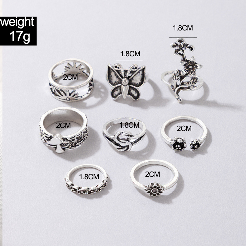 Simple Style Flower Mushroom Butterfly Alloy Carving Unisex Rings 7 Pieces