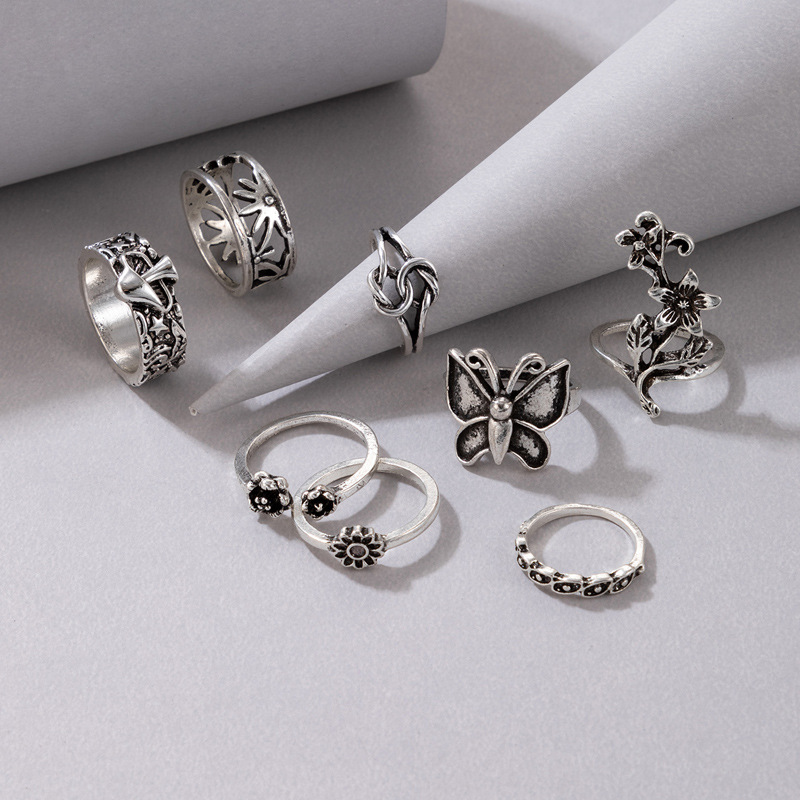 Simple Style Flower Mushroom Butterfly Alloy Carving Unisex Rings 7 Pieces