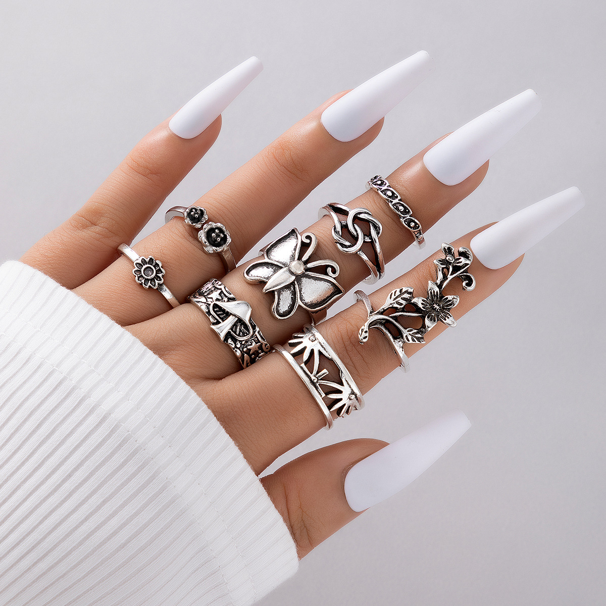 Simple Style Flower Mushroom Butterfly Alloy Carving Unisex Rings 7 Pieces