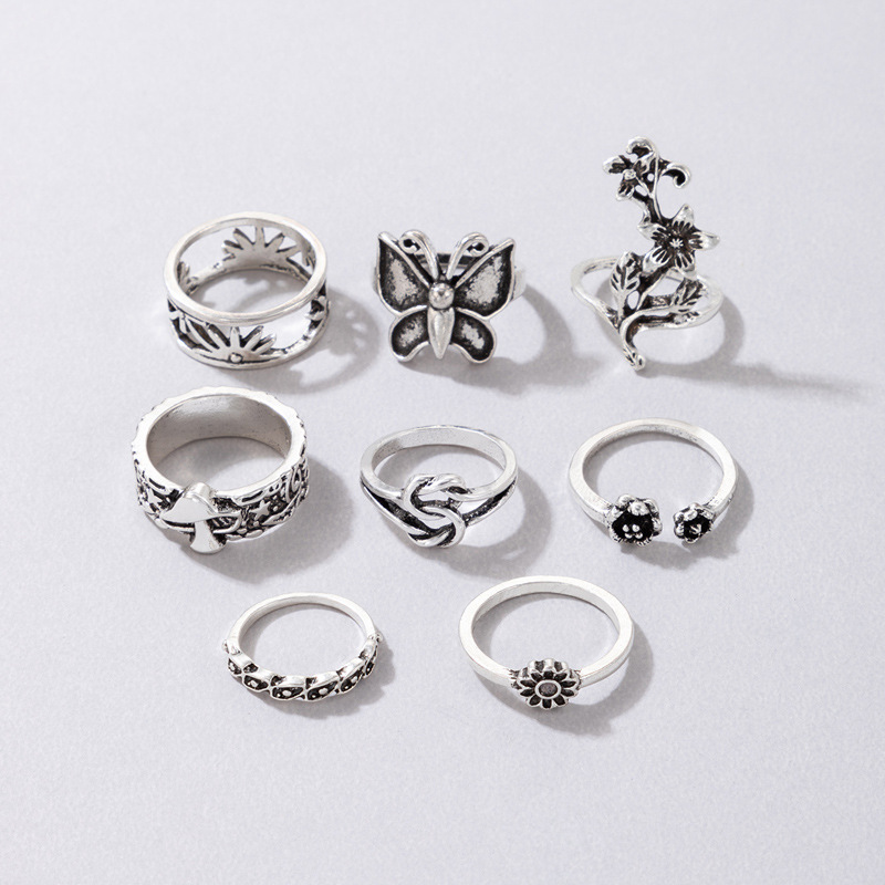 Simple Style Flower Mushroom Butterfly Alloy Carving Unisex Rings 7 Pieces