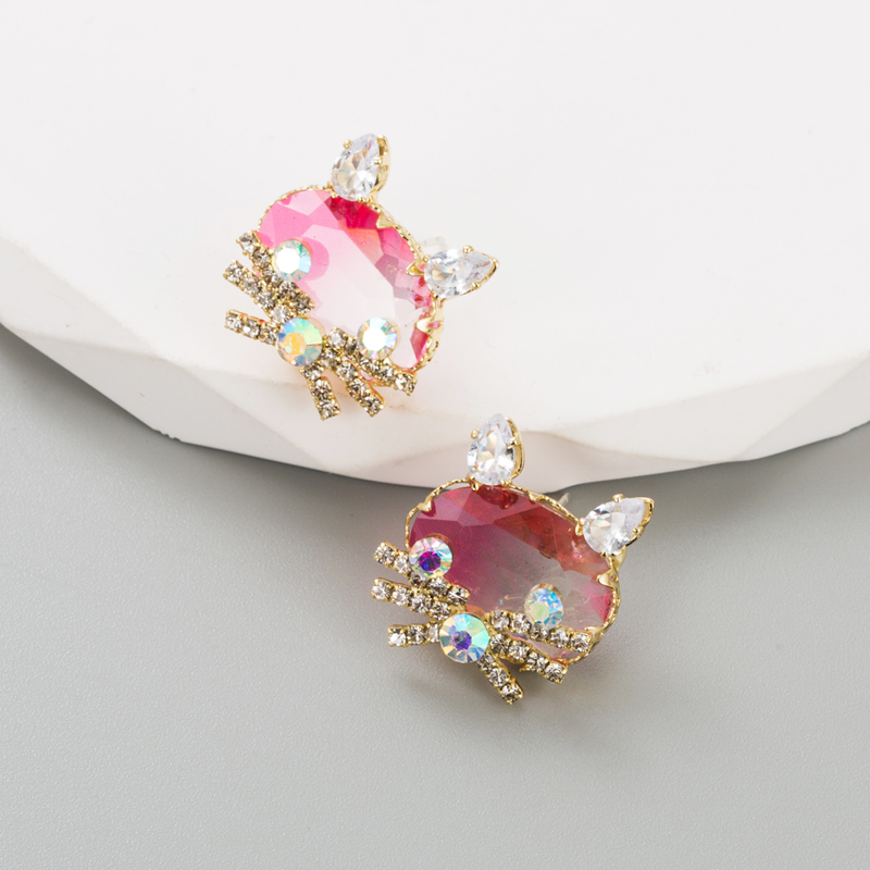 Fashion Cat Alloy Inlay Glass Zircon Womenu0027S Ear Studs 1 Pair