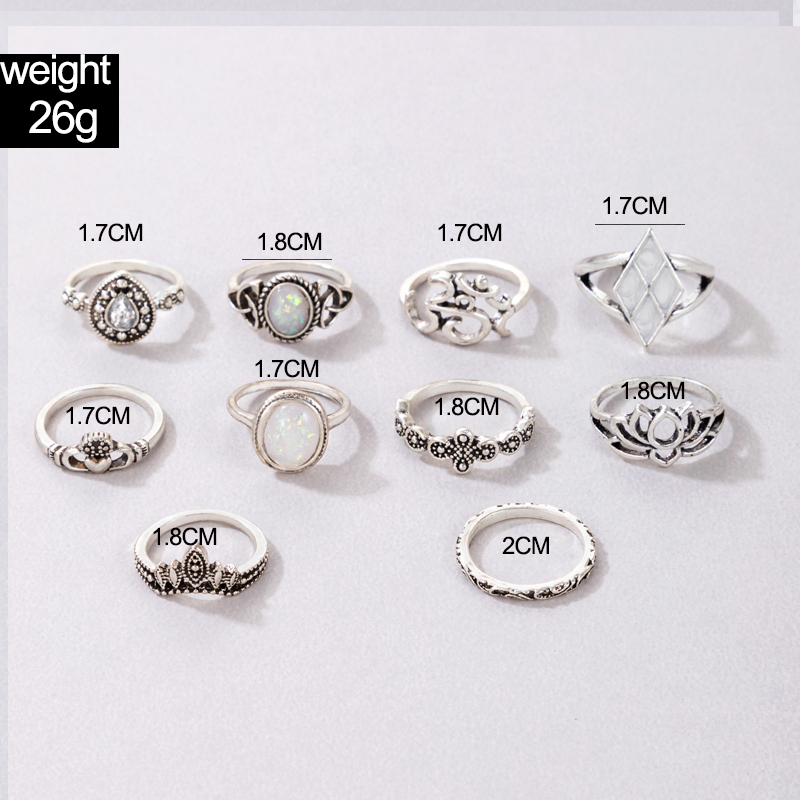 Retro Crown Lotus Alloy Hollow Out Artificial Gemstones Unisex Rings 10 Pieces