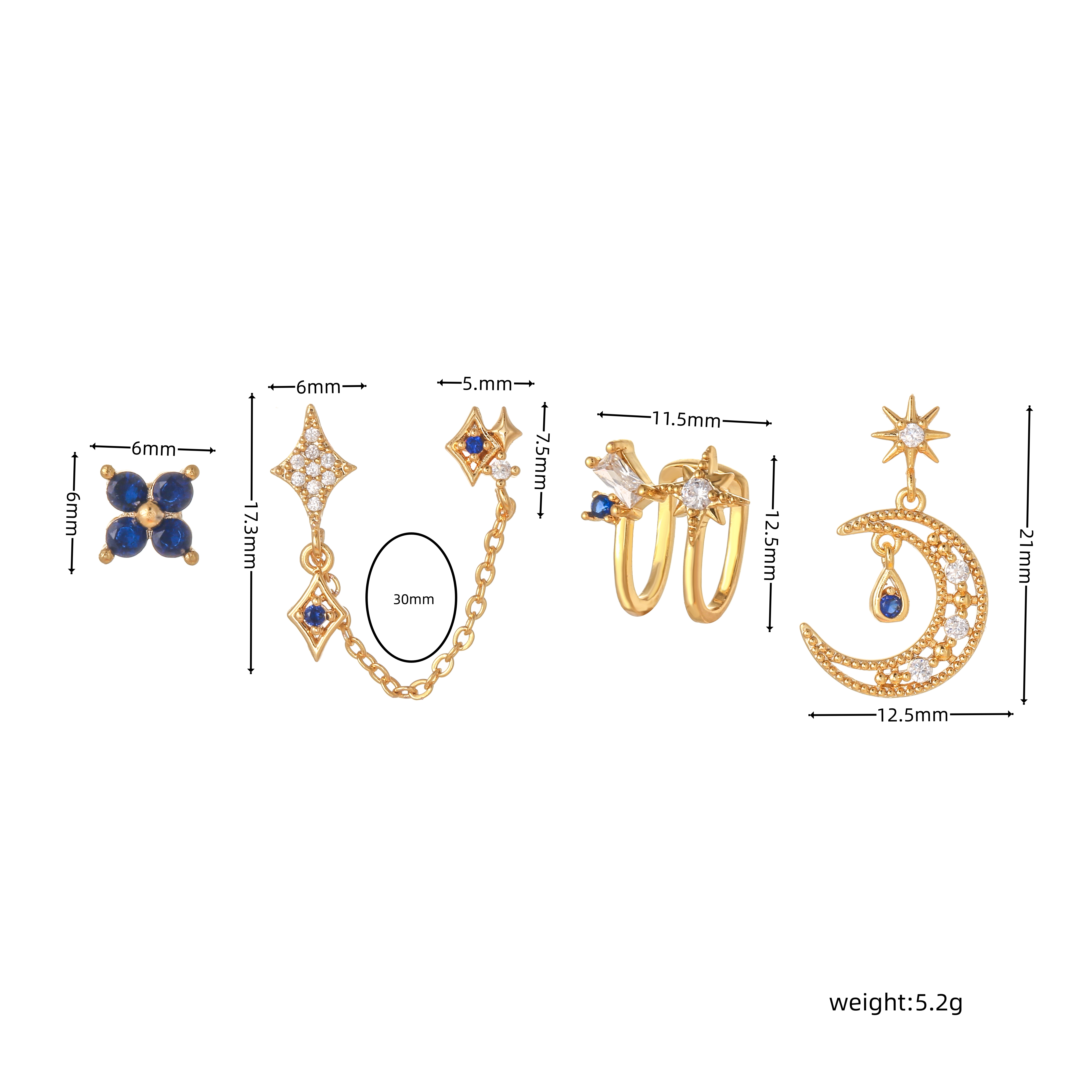 Fashion Star Moon Flower Copper Asymmetrical Gold Plated Diamond Earrings 4 Piece Set