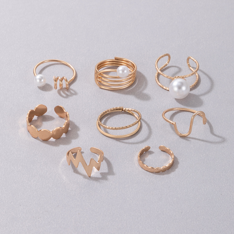 Simple Style Geometric Electrocardiogram Alloy Plating Artificial Pearls Unisex Rings 8 Pieces
