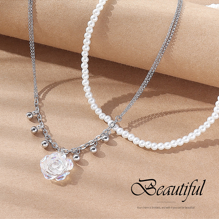 Fashion Rose Imitation Pearl Resin Beaded Womenu0027S Necklace 2 Pieces