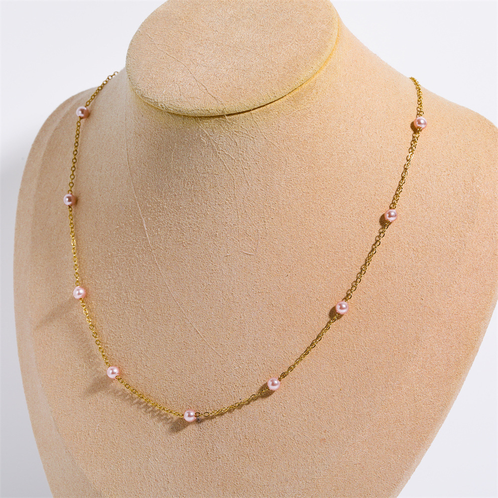 Fashion Round Titanium Steel Patchwork Artificial Pearls Pendant Necklace 1 Piece