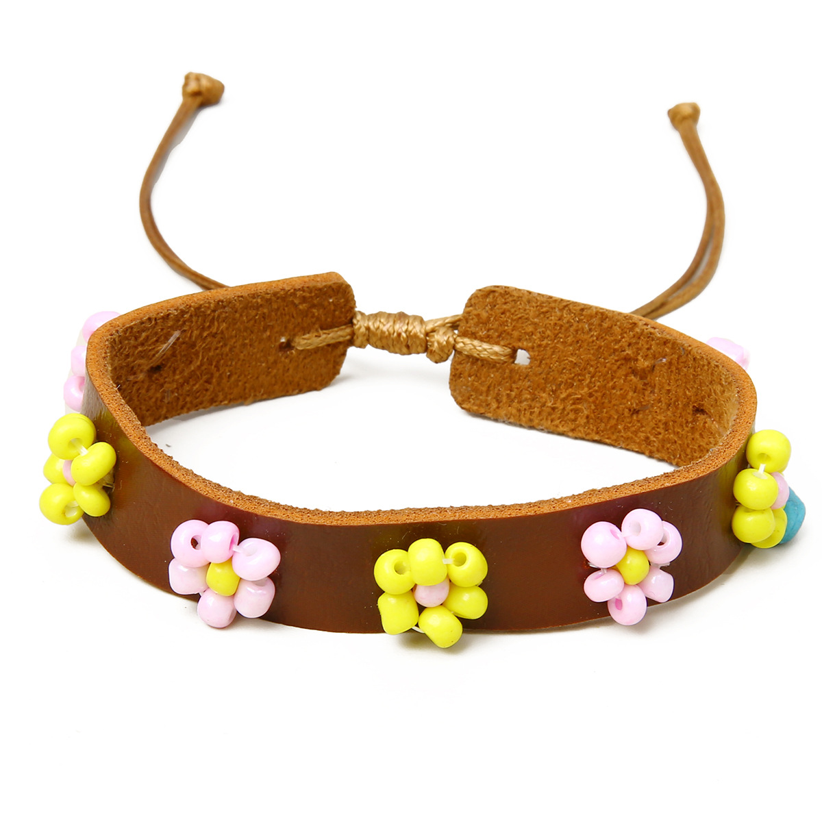 Original Design Flower Leather Patchwork Beads Unisex Bracelets 1 Piece