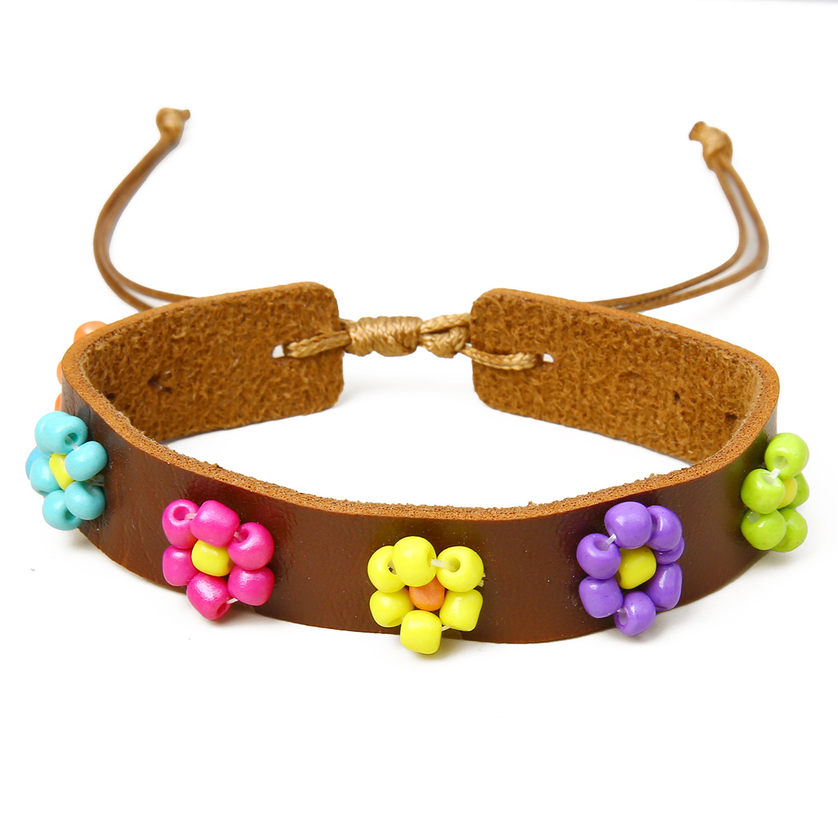 Original Design Flower Leather Patchwork Beads Unisex Bracelets 1 Piece