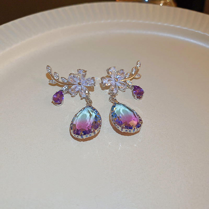 Fashion Flower Copper Inlay Zircon Drop Earrings 1 Pair
