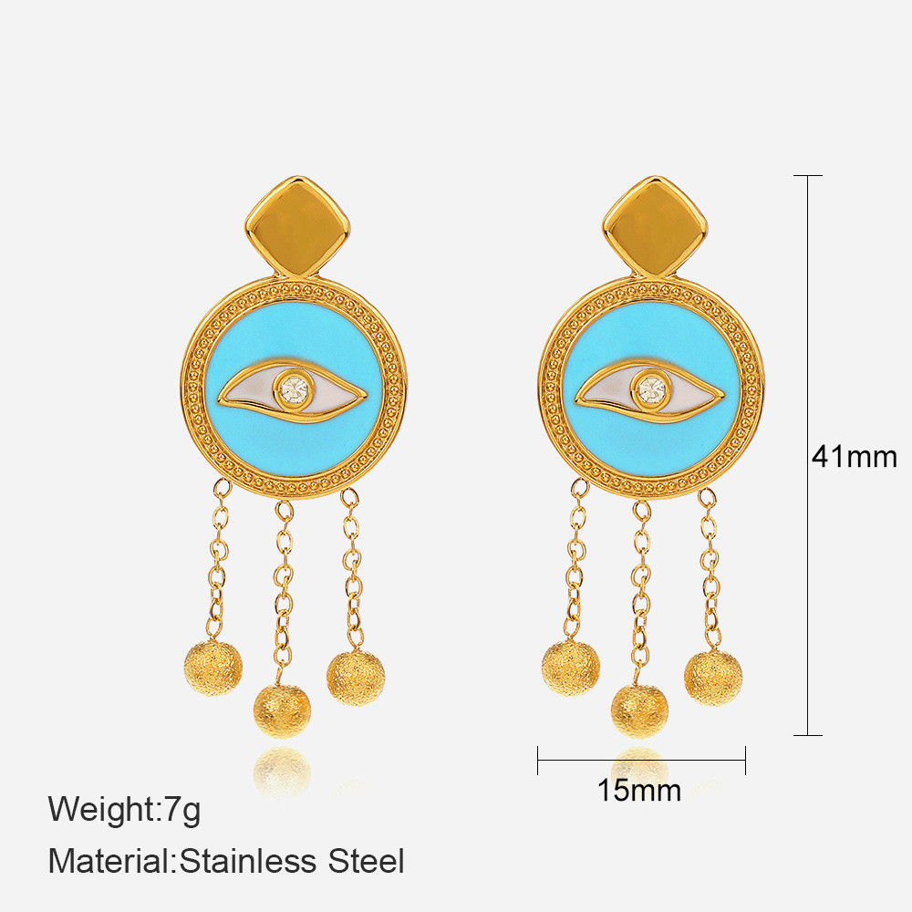 Ethnic Style Round Devilu0027S Eye Stainless Steel Tassel Drop Earrings 1 Pair